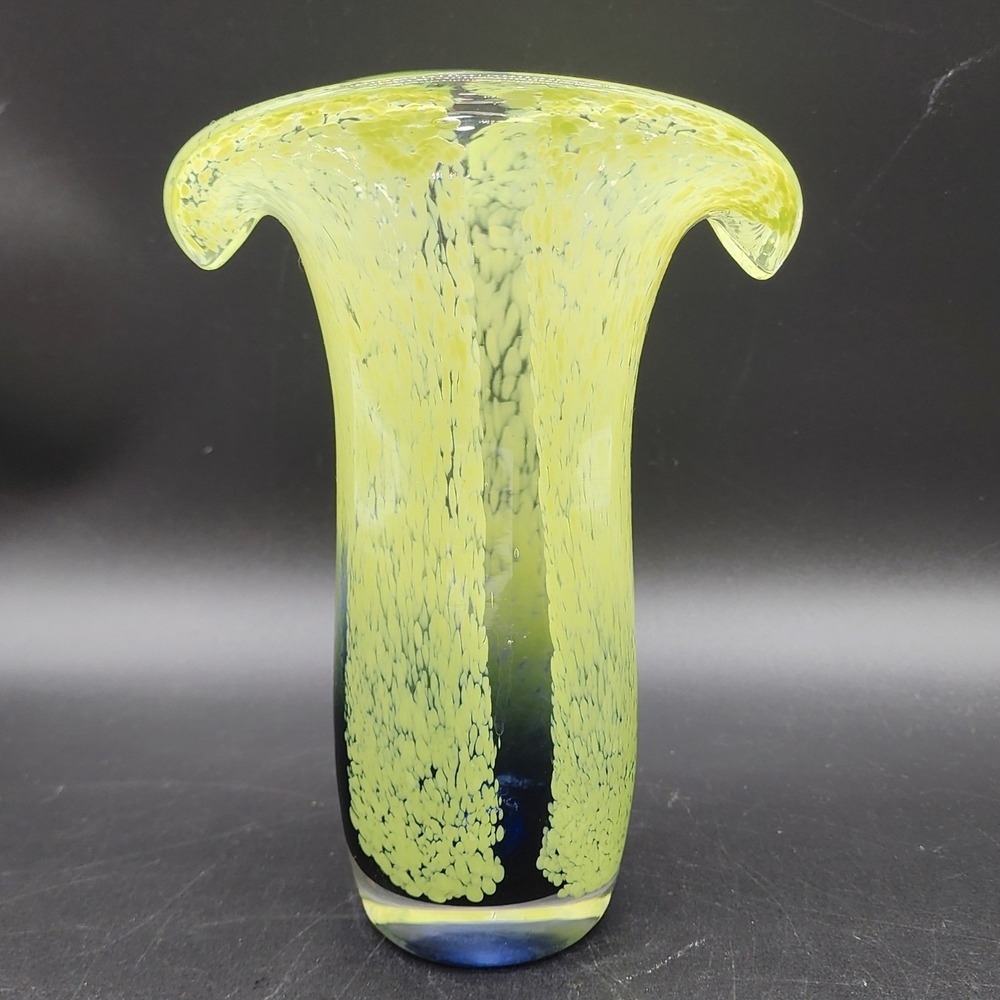 Vintage Yellow Blue Art Glass Tulip Vase Hand Blown MCM Retro Decor Gift